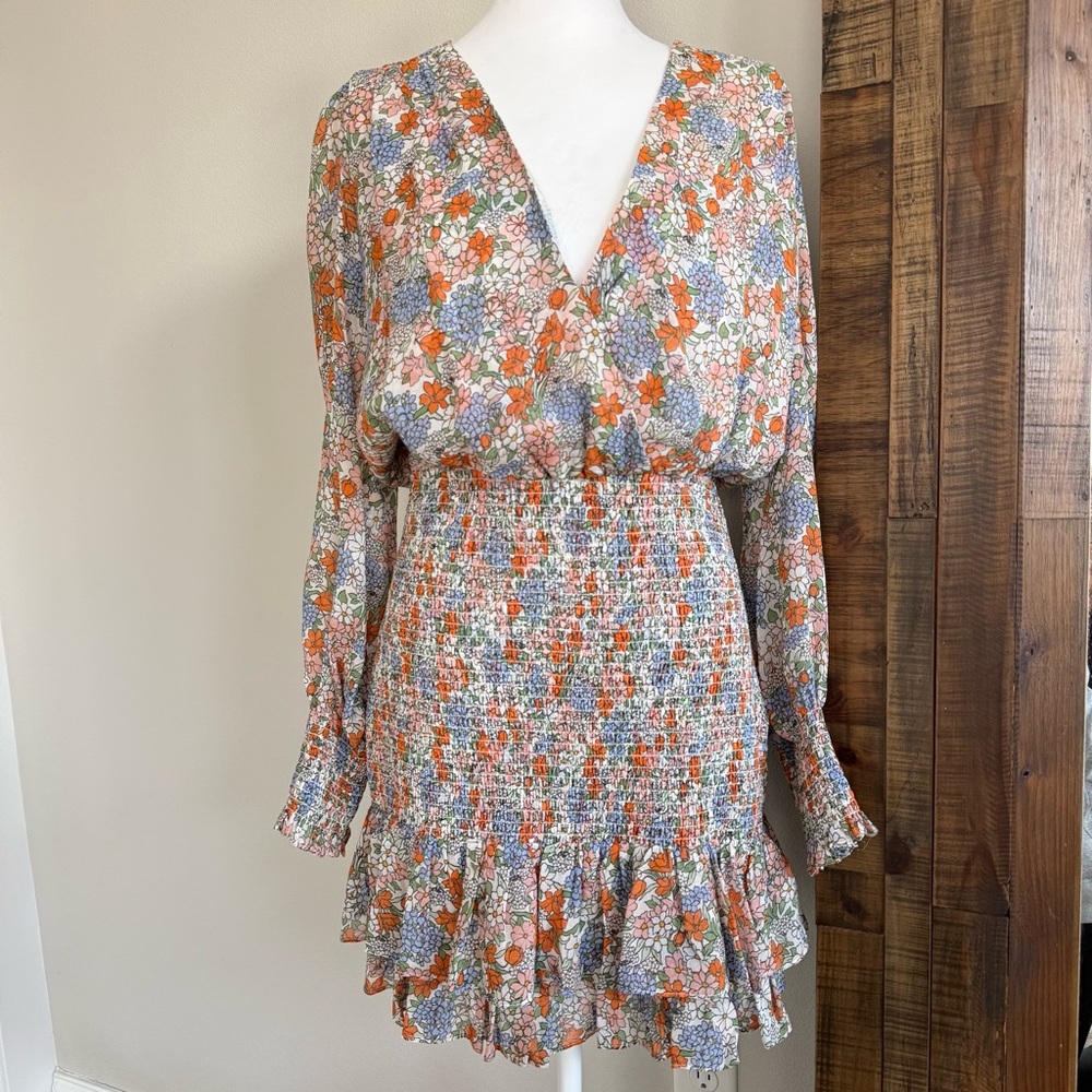Veronica Beard Floral Mini Dress in Orange, Blue, Cream